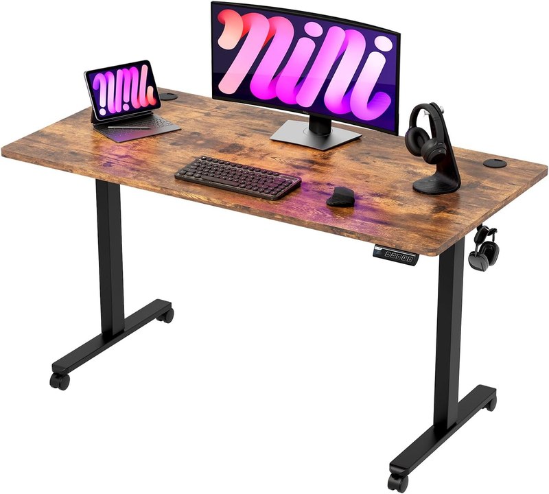 Monomi Electric Standing Desk 48”x24”, Height Adjustable Desk with Wheels | Sit Stand Up Desk for Home Office,Ergonomic Computer desk with Memory Preset and Anti-Collision,Headphone Hook, Rustic Brown