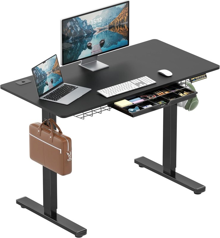 SHW 48-Inch Electric Height Adjustable Standing Desk w/Drawer, Black | w/ Memory Presets and Cable Management | Drawer with adjustable compartments | Hanging Hooks