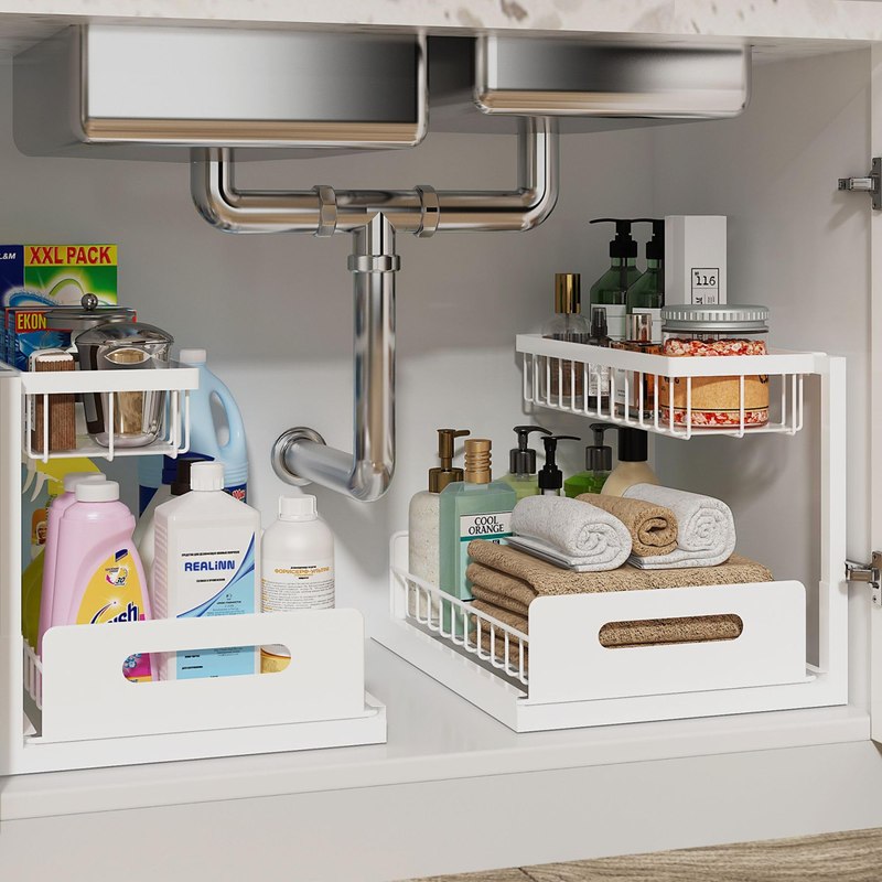 REALINN Under Sink Organizer, L-Shaped 2 Tier Pull Out Cabinet Organizer