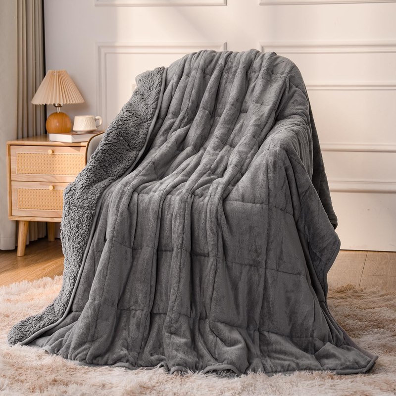 Sivio Weighted Blanket for Adult, Queen Size 15 lbs 60 x 80 Inches | Soft Warm Sherpa Fleece; Cozy Flannel Filled with Glass Beads; Machine Washable; Heavy Throw for Bed Sleep and Calm; Grey
