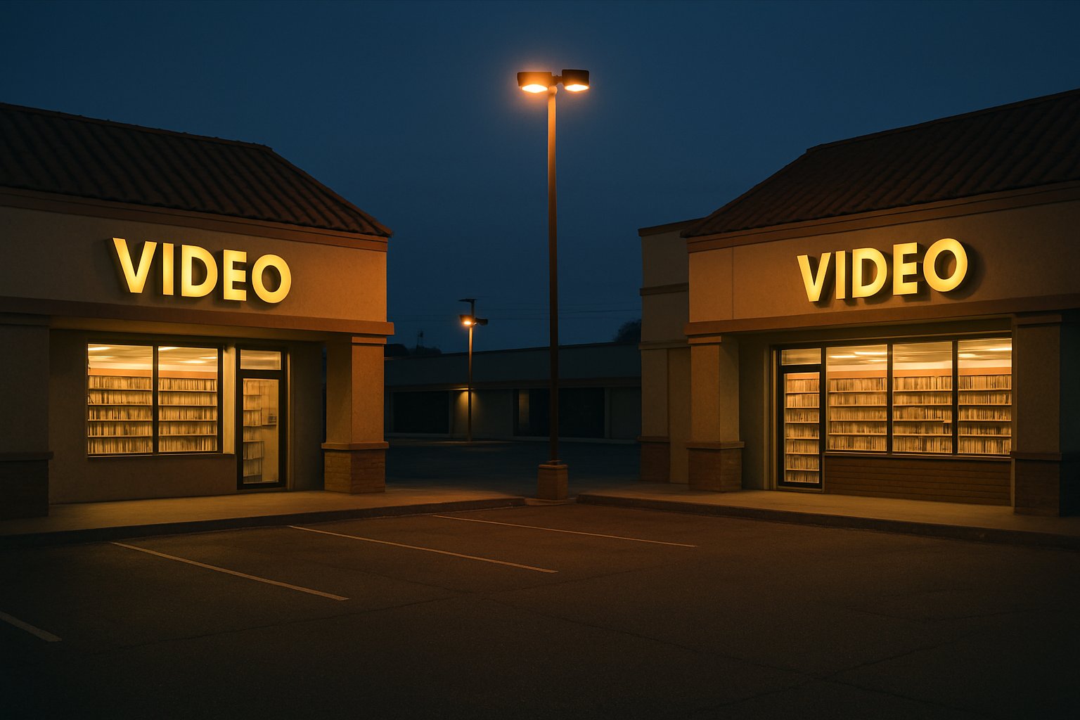 AI-generated illustration of two rival video rental storefronts across a parking lot from each other