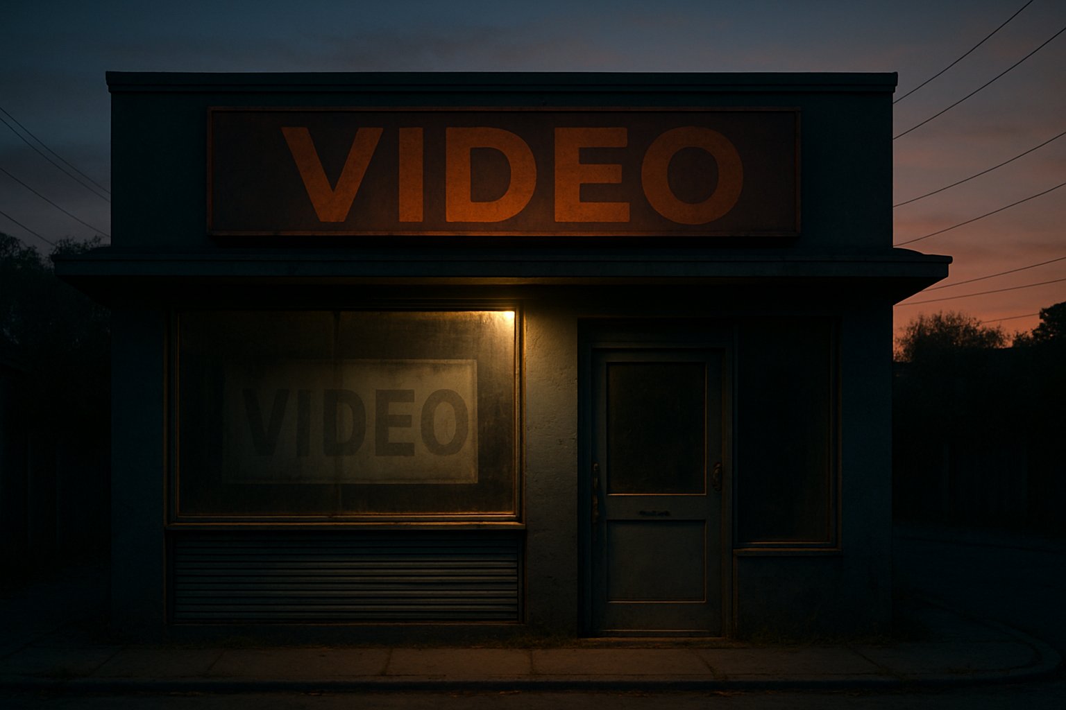 AI-generated illustration of a closed video rental store with a faded new-releases sign