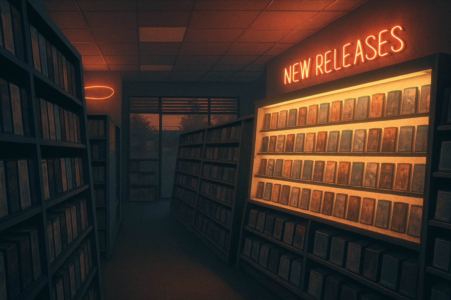 AI-generated illustration of a 1990s video rental store new-release aisle at dusk