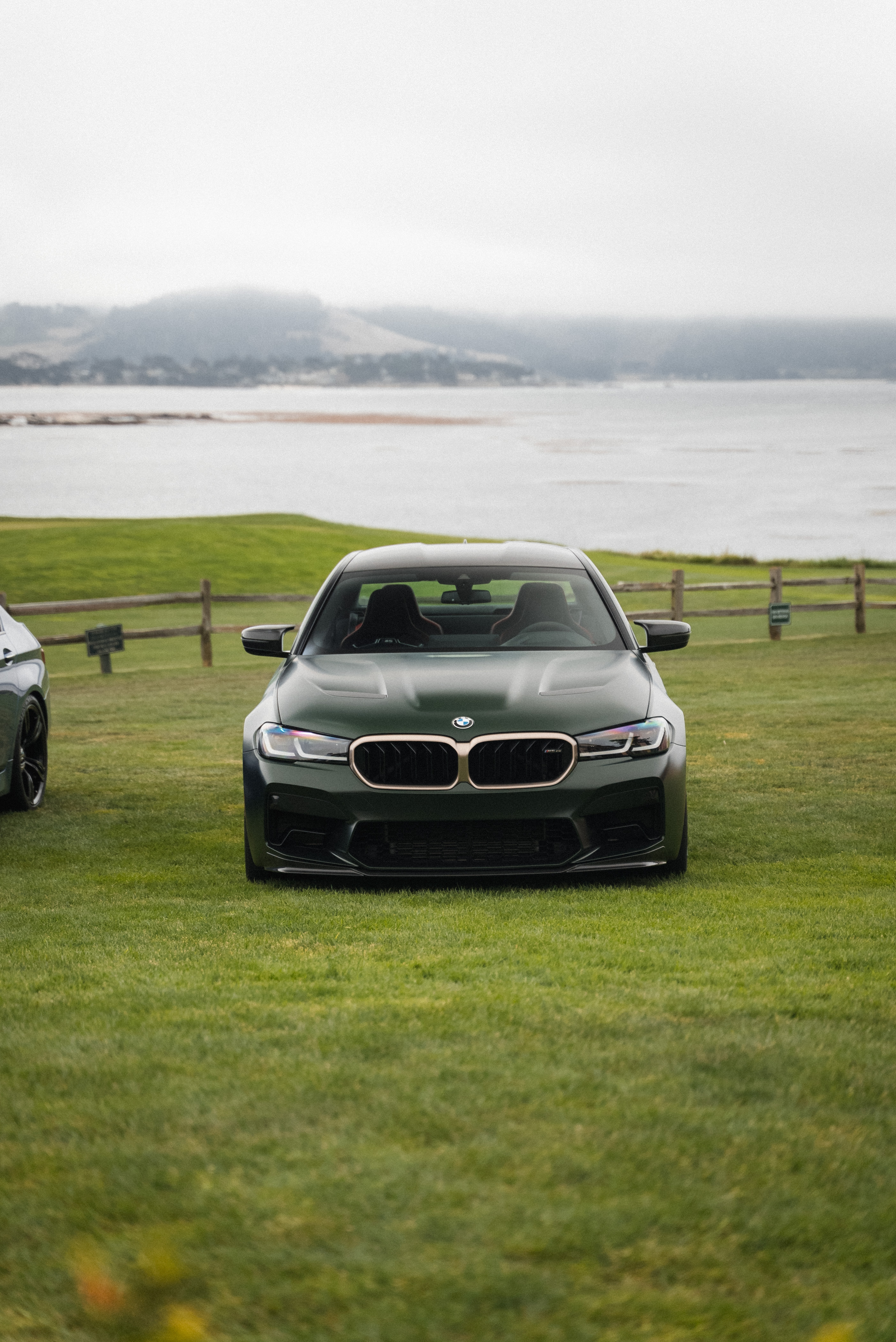 Front-on view of a green BMW M5 sedan parked on grass overlooking the coast.