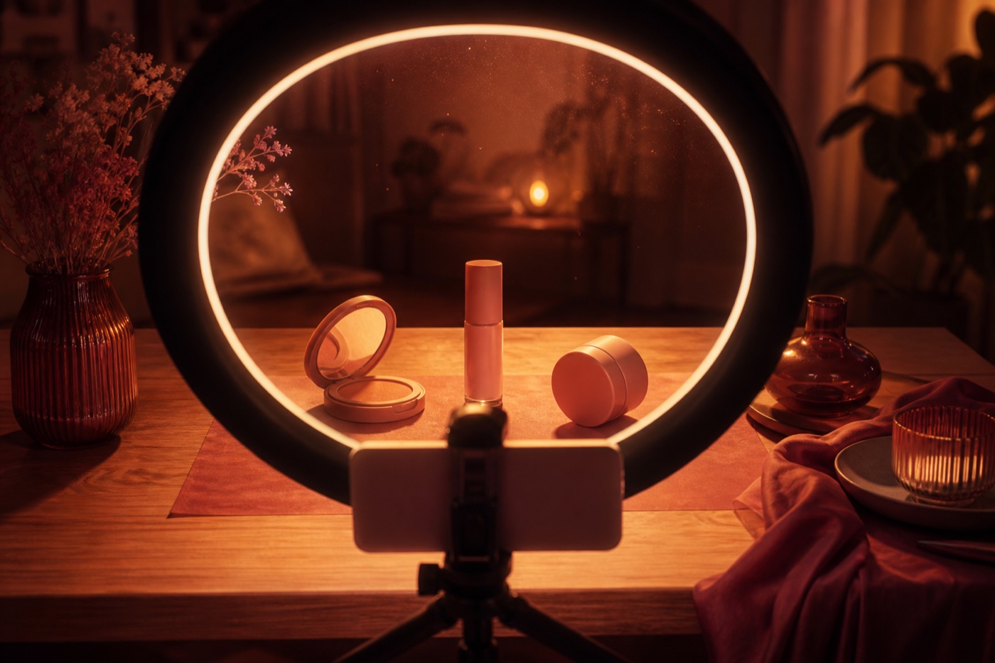 Illustration of a phone on a tripod filming a small arrangement of unmarked cosmetics inside the glow of a ring light.