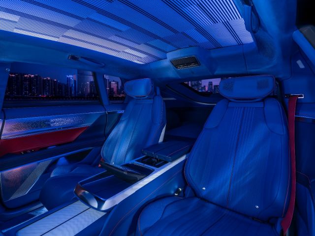 Interior of a Cadillac Celestiq with blue leather seating.