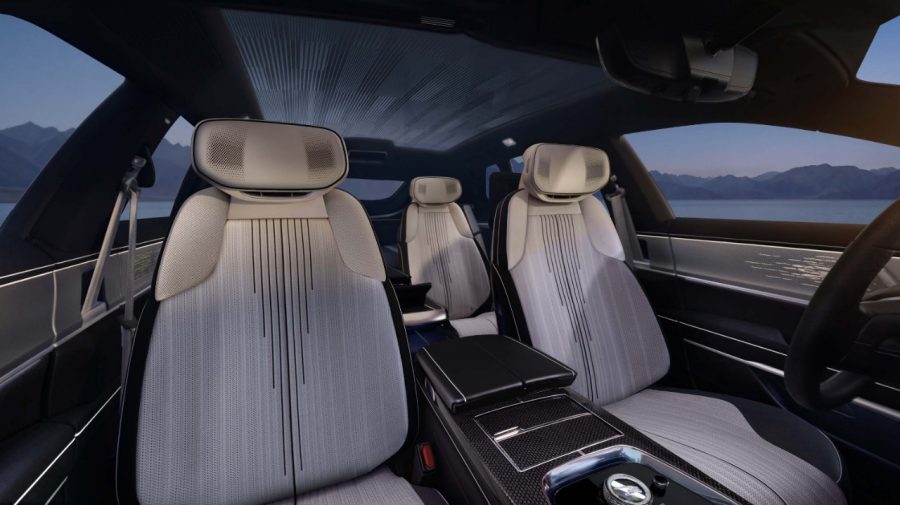 Interior of the Cadillac Celestiq, showing the front and rear seats and glass roof.