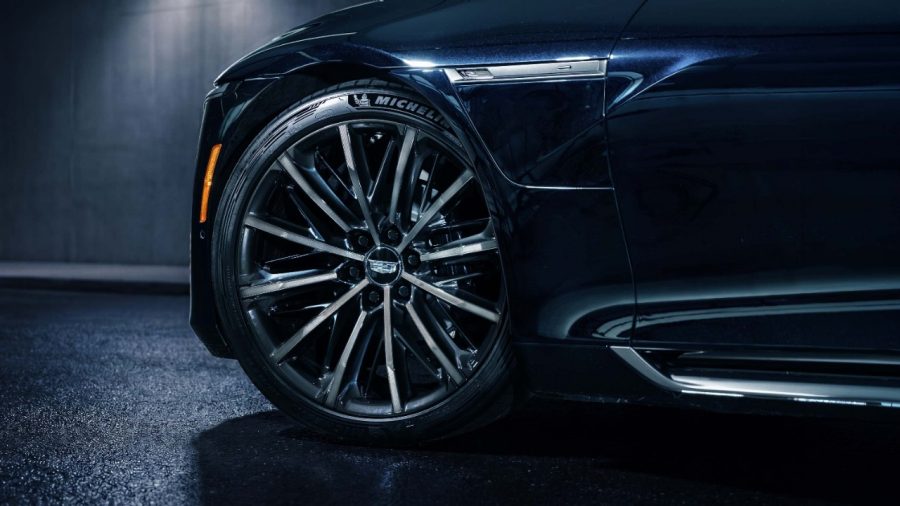 Close-up detail of the Cadillac Celestiq's dark-finish 23-inch wheel.