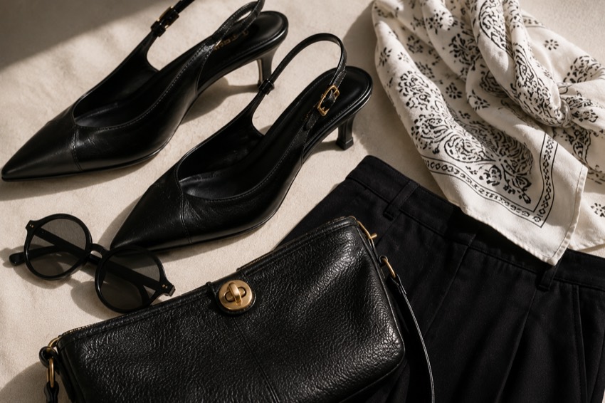 Close detail of black slingback shoes, handbag, scarf and tailored fabric