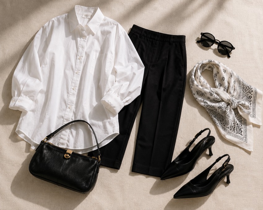 Flat lay of a white shirt, black capris, handbag, scarf and slingback shoes