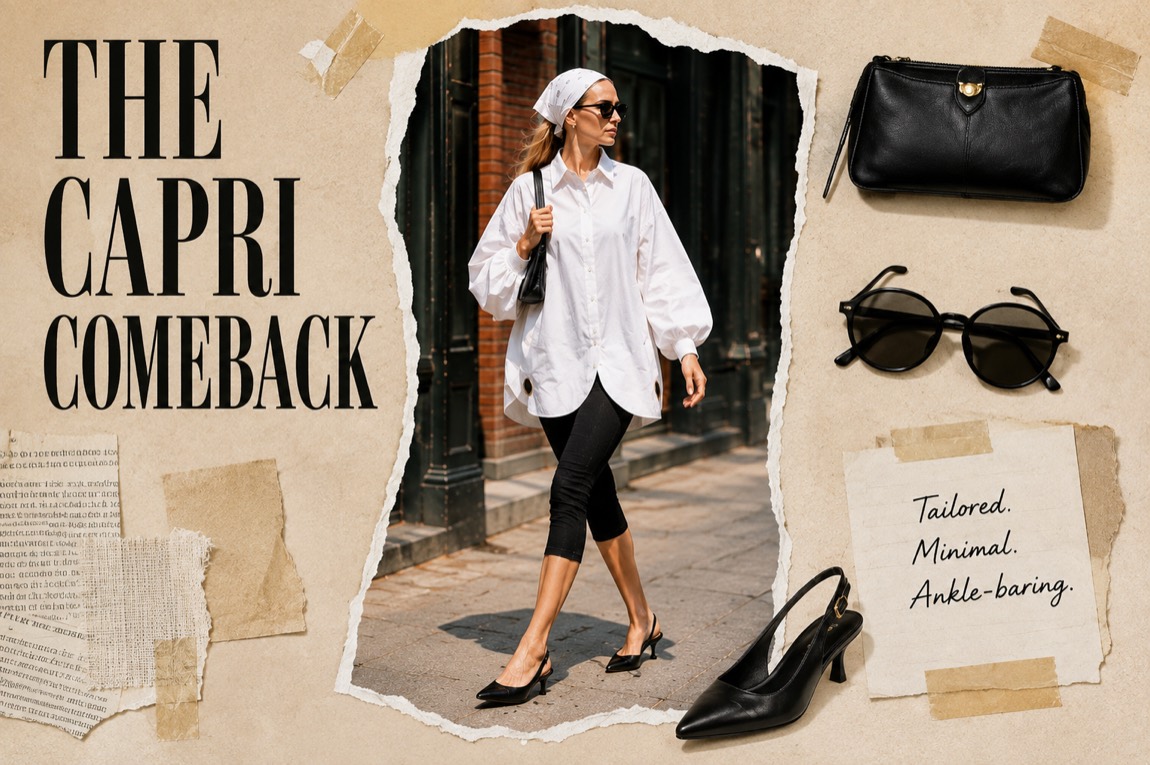 Capri comeback editorial mood board with black accessories and white shirt
