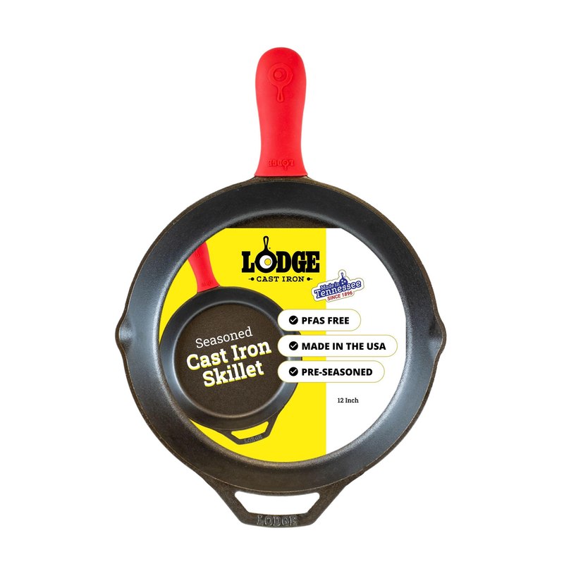 Lodge Pre-Seasoned Cast Iron Skillet with Silicone Handle Holder, 12 Inches