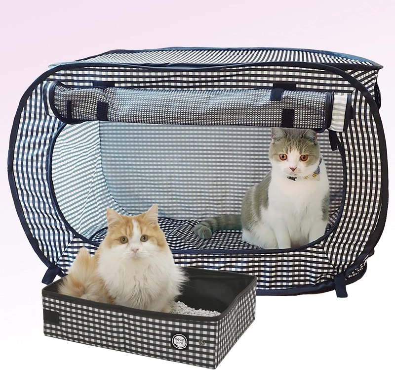 Necoichi Stress-Free Enclosure Cat Travel Carrier Cage 31.8" L x 20.0" W x 20.0" H with Litter Box Set Collapsible Gray White Stripes | Pop up Kannel, Crates