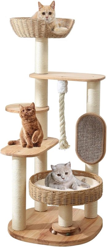 49.6in Solid Wood Cat Tree for Large Cat, Modern Tall Cat Tower | Multi-Level Cat Condo, Cute Aesthetic Design, with Scratching Post, with Hand-Woven Cat Bed, for Indoor Cats, Easy to Clean