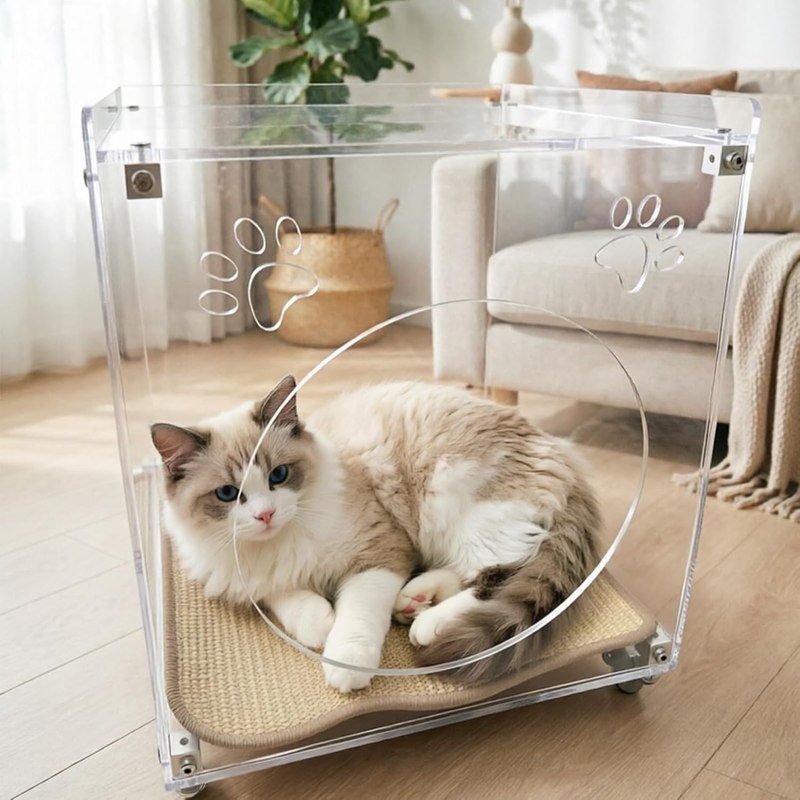 Acrylic Cat Bed Nightstand, 2-in-1 Cat House with Storage, Clear Pet Bed with Wheels & Removable Sisal Mat, Modern Pet Furniture for Small Spaces, Bedroom Living Room