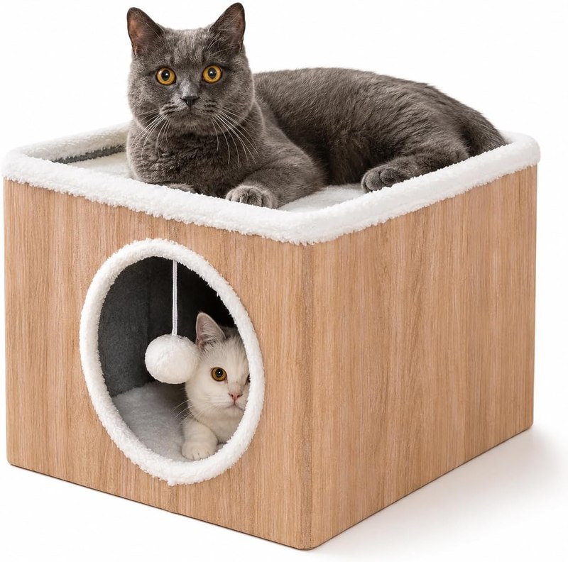 Cat Condo House with Reversible Cushions and Fluffy Ball Hanging, Foldable Cat Cube, Large Cave Bed for Indoor Kittens, Brown Wood Grain Pattern