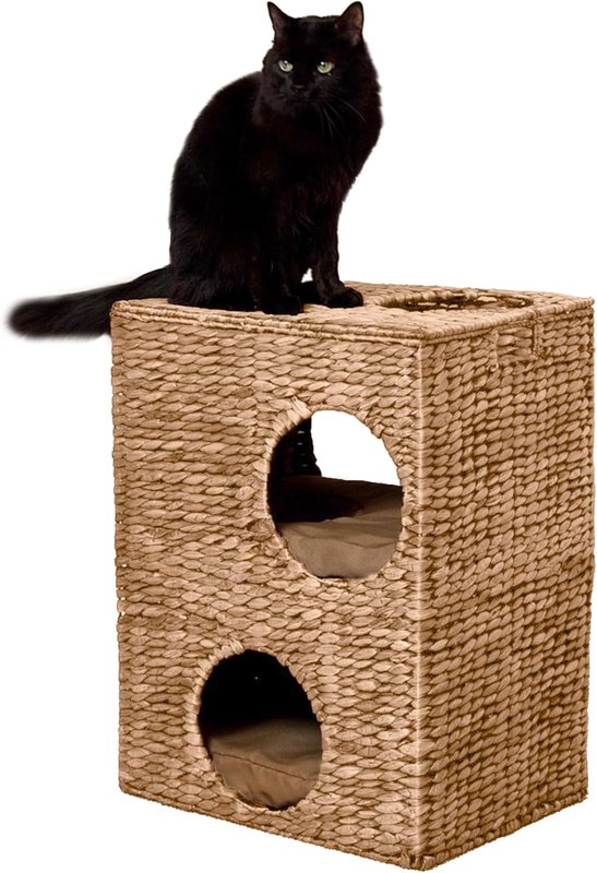 CHS1000A Jaxon 18" Modern Classic 2-Tier Handwoven Hyacinth Rectangular 5-Hole Cat Condo with 2 Machine-Washable Cushions, Natural