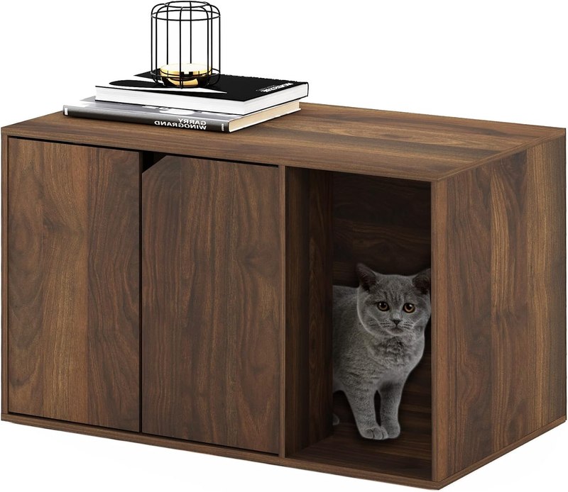 Furinno Peli Litter Box Enclosure, Columbia Walnut | Side Entrance, Hidden Litter Box Furniture, Wooden Pet House, Easy Assembly, for Living Room