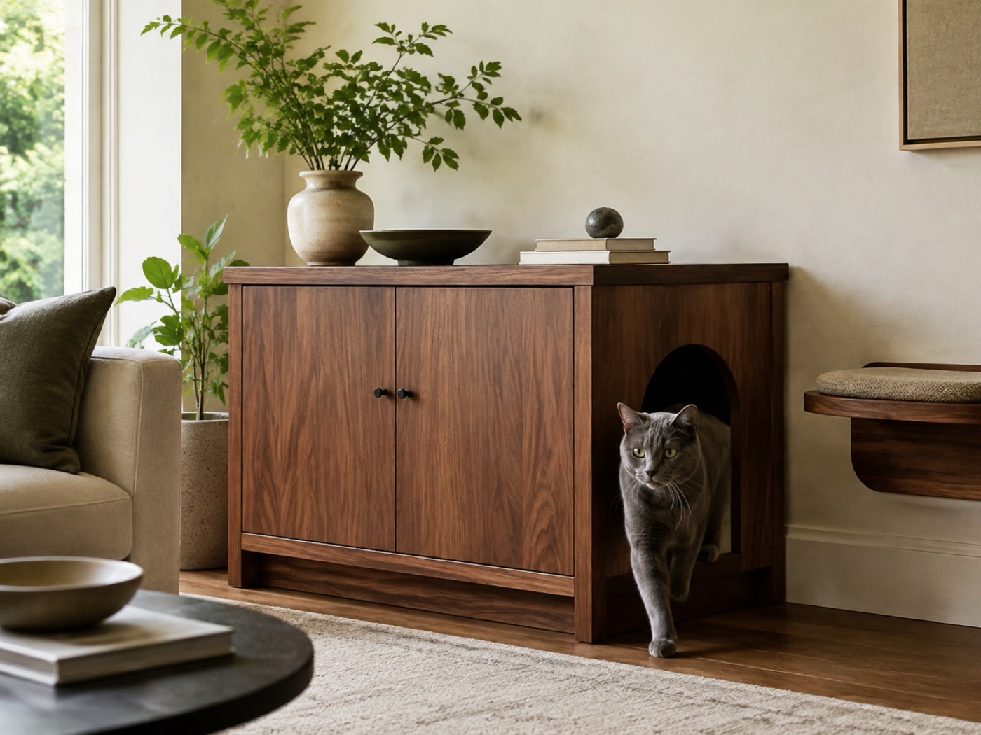 Furinno Peli Litter Box Enclosure, Columbia Walnut | Side Entrance, Hidden Litter Box Furn