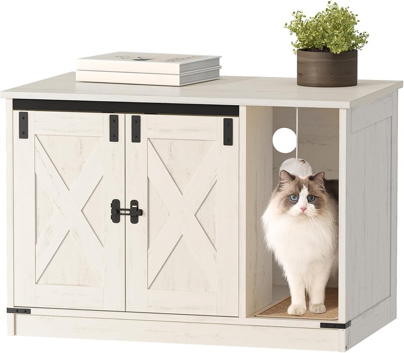 Hzuaneri Cat Litter Box Enclosure, Hidden Litter Box Cabinet Furniture | Indoor Cat House with Bell, Farmhouse Style, 31.5 x 19.7 x 20.9 Inches, for Hallway, Bedroom, White CB82414B