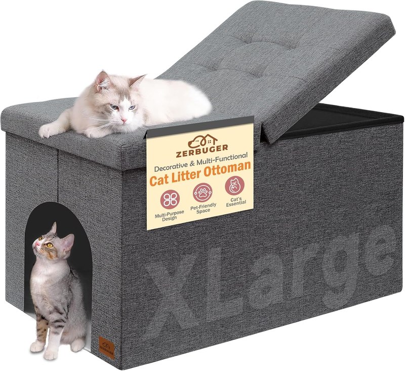 Zerbuger Cat Litter Box Enclosure Furniture for Odor Control | Hidden Cabinet Cats Litter Ottoman With Flip-Up Lid,Cat Litter Box Bench With Storage Space, Dog Proof(Grey, X-Large)
