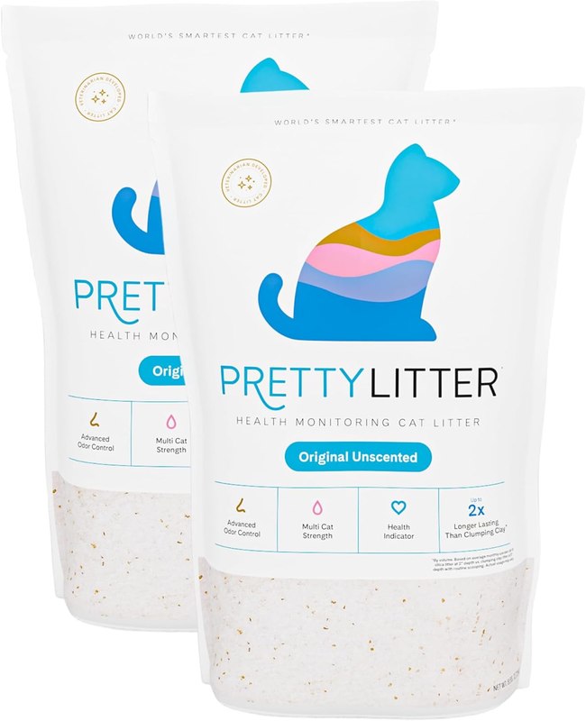 PrettyLitter Health Monitoring Cat Litter, Unscented, 2-Pack, 6 lb. Bags | Up to 2 Months Supply, Non-Clumping, Advanced Odor Control, Automatic Litter Box Compatible, Color Changing Silica Crystals