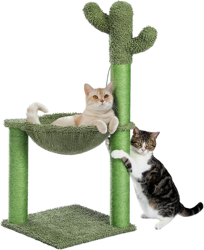 PAWZ Road Cactus Cat Scratching Post, 33" Cat Tree with Hammock & Scratch | Tall Cactus Scratcher with Large 15.7" Dia Hammock, Dangling Ball & Durable Sisal Posts for Indoor & Large cats