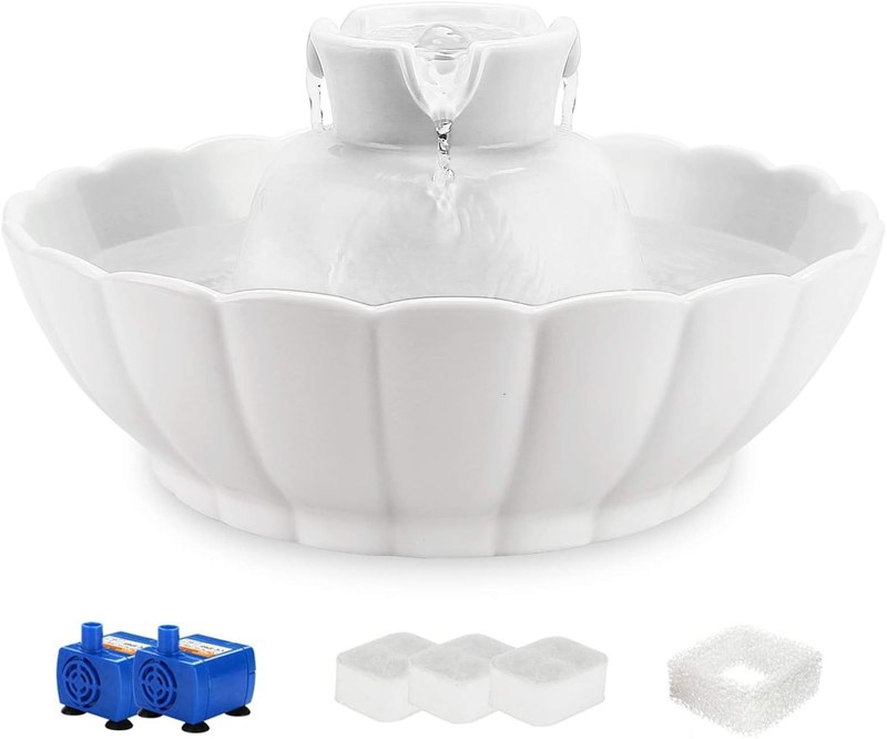 iPettie Tritone Ceramic Cat Water Fountain, Heavy-Duty Waterer for Pets | 2.1 Liters / 2.2 Quart Filtered Water Purifier with Replacement Filters and Foam, White