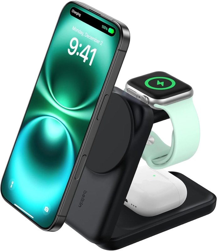 Belkin Qi2.2 25W Wireless 3 in 1 Foldable Fast Charging Station for iPhone | Fast Charigng, MagSafe Compatible, iPhone 17/16/15, Apple Watch, AirPods, Travel Charger, Magnetic