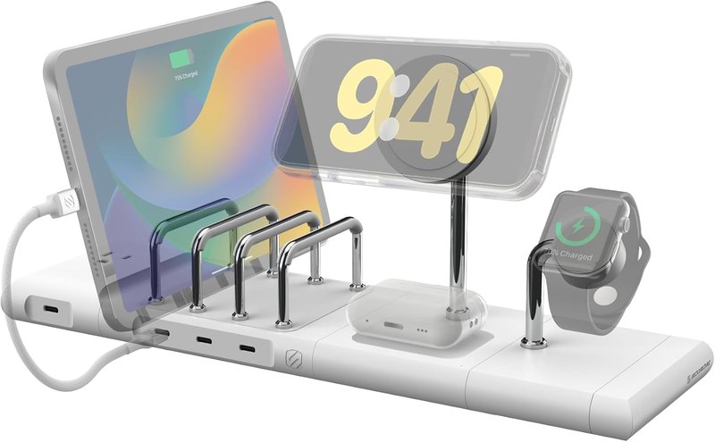 Scosche BaseLynx 2.0 Pro Modular Charging Station: MagSafe Wireless Stand for iPhone, AirPods Charging Pad, Multi Device Phone Charger, Apple Watch Charger & Powered End Cap AC Outlet with USB-C Port