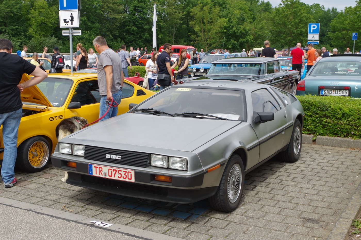 A DeLorean DMC-12, rear view, real photograph.