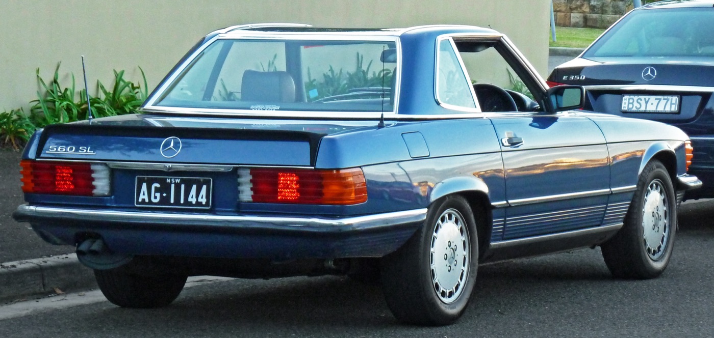 A 1987 Mercedes-Benz 560SL (R107) roadster, real photograph.