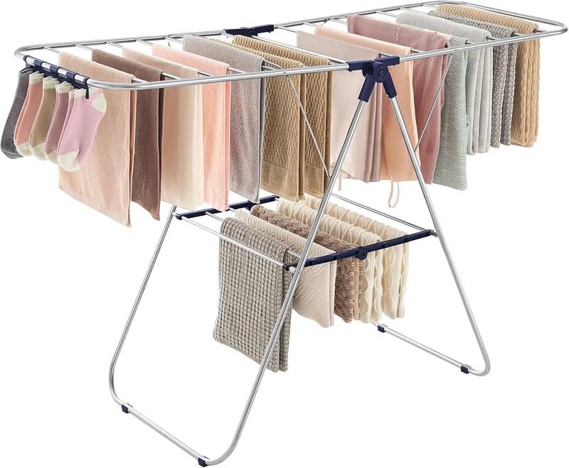 SONGMICS Clothes Drying Rack, Foldable Space-Saving Steel Laundry Rack | Floor-Standing Airer, 2 Height-Adjustable Gullwings, Sock Clips, Cloud White and Silver, BUNJI Collection ULLR52BU