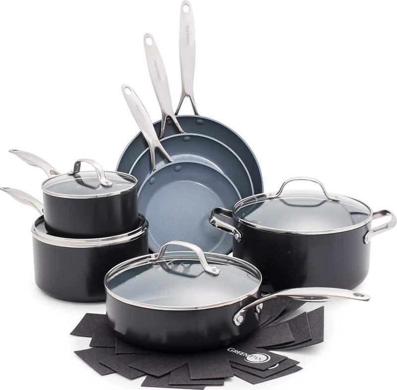 GreenPan Valencia Pro 11 Piece Cookware Set Ceramic Nonstick Pots & Pans | PFAS-Free Nonstick, Induction Ready, Compatible with all Cooktops, Hard Anodized, Gray, Dishwasher Safe, Oven Safe up to 600F