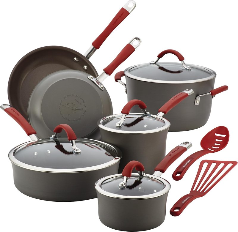 Rachael Ray Cucina Dishwasher-Safe Hard-Anodized Pots and Pans Set Non Stick Cookware, 12-Piece, Gray with Red Handles