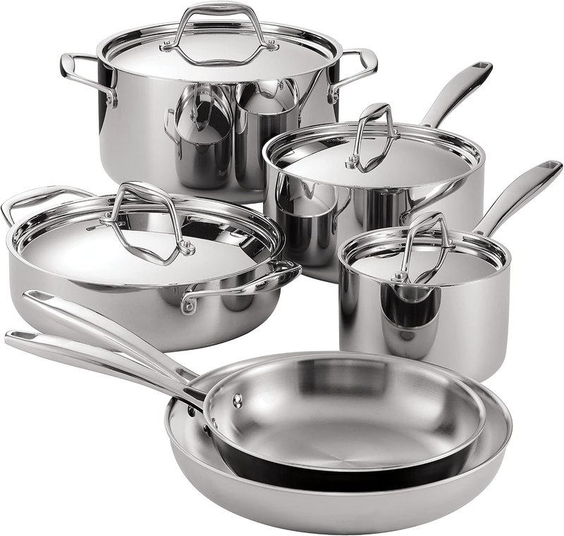 Tramontina Signature Tri-Ply Clad Stainless Steel 10-Pc Pots and Pans Set | Cookware Kitchen Set, Induction-Ready, Dishwasher-Safe, NSF-Certified, Made in Brazil