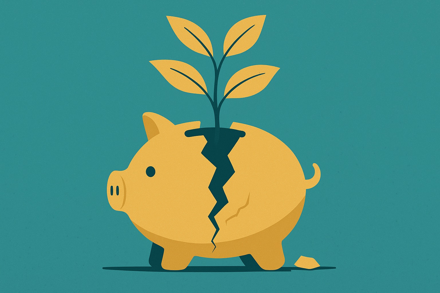 Illustration of a small plant sprouting from a cracked piggy bank, symbolizing financial rebuilding.