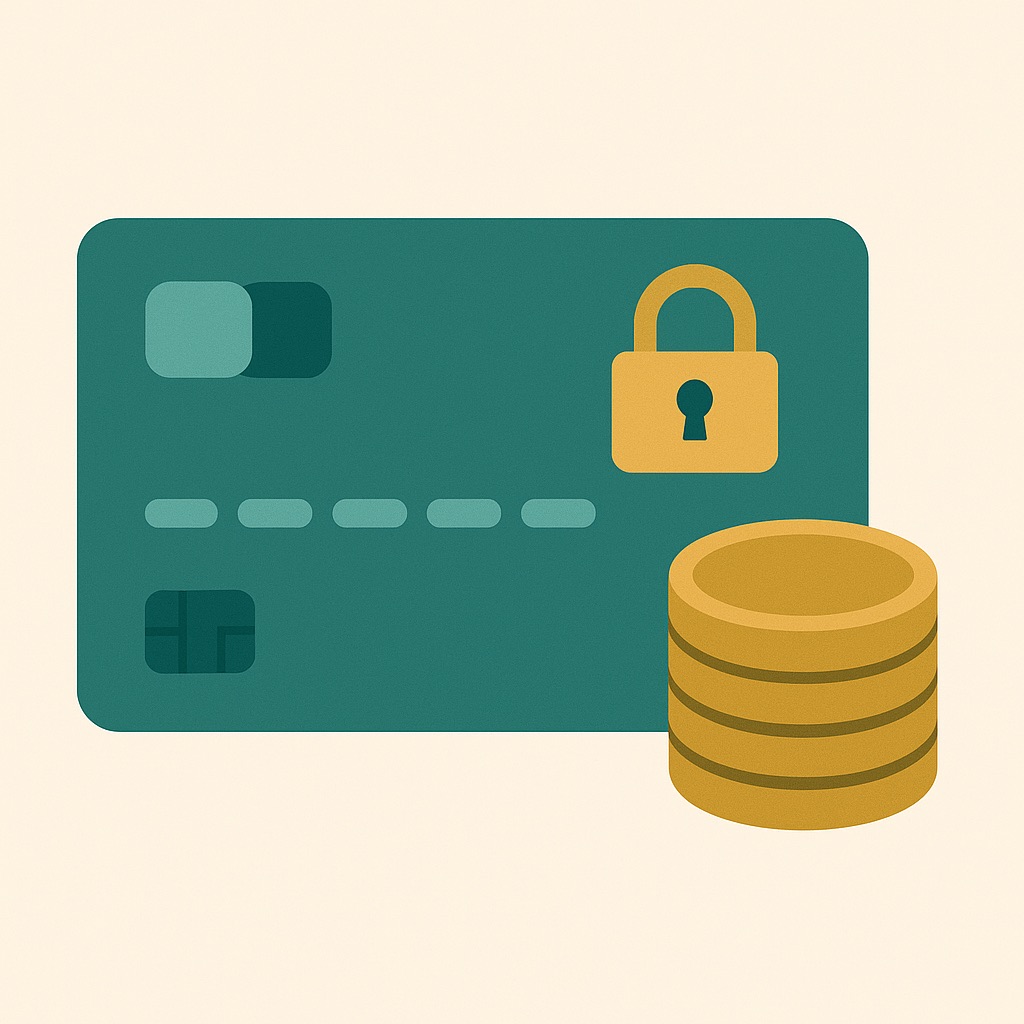 Illustration of a secured credit card with a padlock icon and a stack of coins.