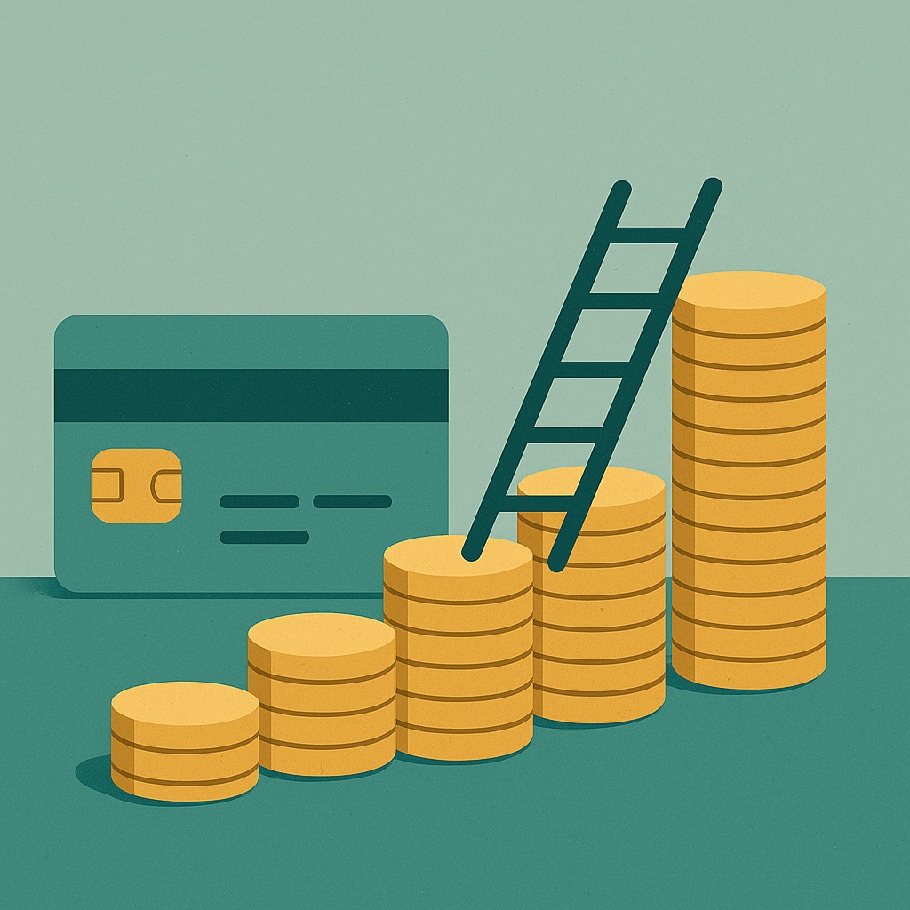 Illustration of a small ladder-shaped growth chart made of coins.