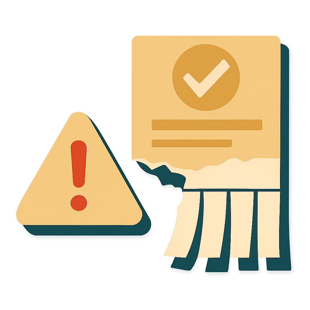Illustration of a warning triangle next to a torn advertisement.