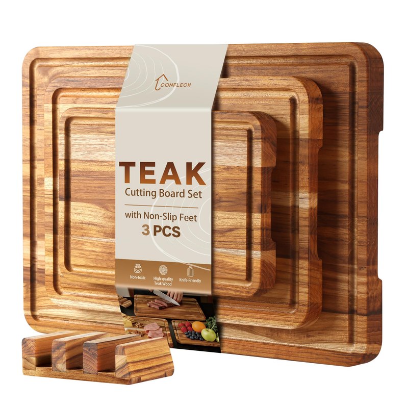 3 Pack Teak Cutting Board Set for Kitchen Wood Charcuterie Board with Juice Groove Wooden Cutting Boards Non Toxic Heavy Duty Slip Over Sink Solid Thick Chopping Board FSC