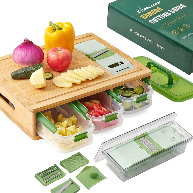 COMELLOW Bamboo Cutting Board with Trays - Large Wood Cutting Board with Stackable Containers and Locking Lid - Chopping Board with Built-in Graters - House Warming Kitchen Gifts New Home