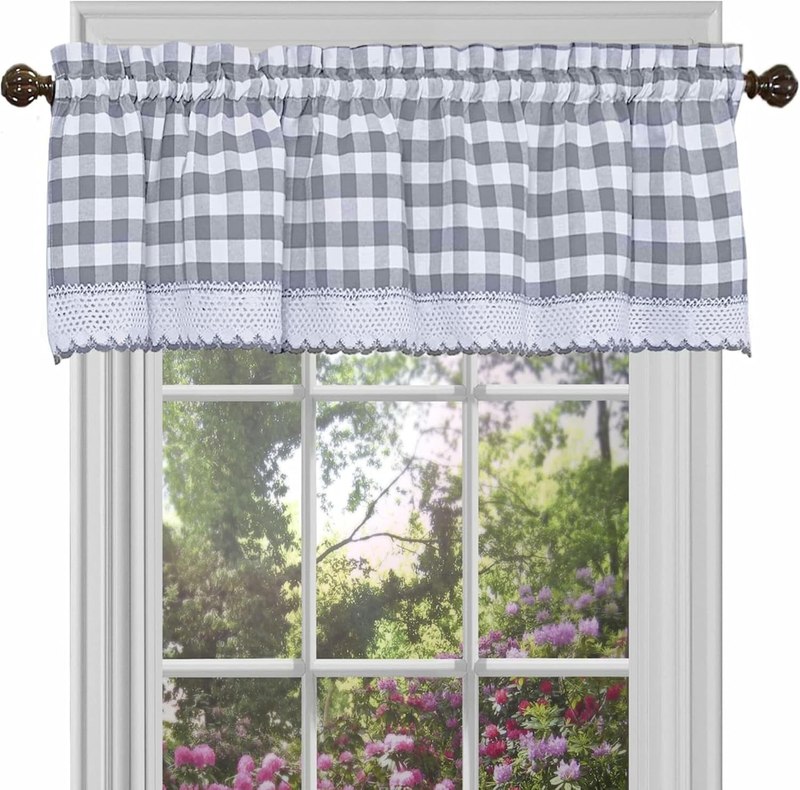 ACHIM Buffalo Check Valance Window Curtains - 58 Inch Width, 14 Inch Length - Grey & White