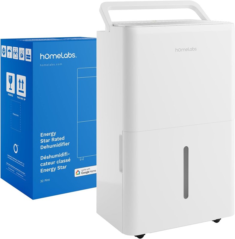 hOmeLabs Dehumidifier 4,500 Sq Ft 32 Pint (MAX 80 Pint at 95°F, 90% RH) | WIFI + Upgraded Advanced Humidity & Moisture Control, Quiet, Efficient, Auto Shut-off, Ideal for Home, Basement, Office