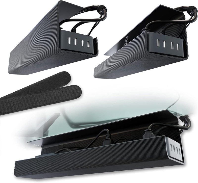 Scanfield Under Desk Cable Management Tray, No-Screw, 17-Inch, 2-Pack Black | Clear the Workspace Fast with Super Strong 24-Hour Cure Adhesive, 5″ Interior for Power Strips, Chargers and Bundled Cords