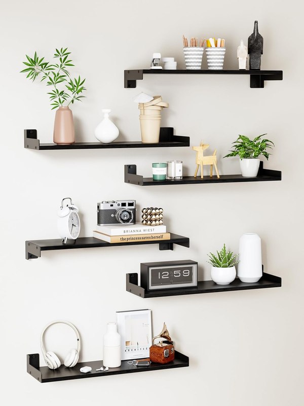Floating Shelves for Wall, Shelves for Decor Storage Set of 6, Wall Mounted Wood Shelf for Bedroom, Living Room, Bathroom, Kitchen,Long Picture Ledge Shelves.(Black)