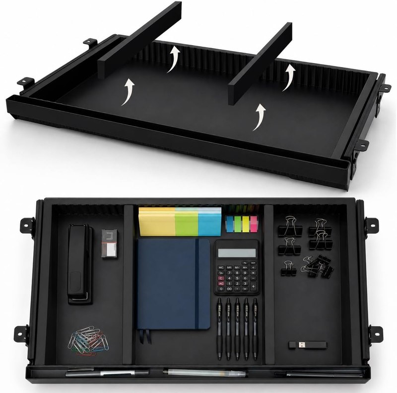Under Desk Drawer, Adjustable Dividers, Impact-Resistant, 22" – Black | Silent steel rails, 100% extension. Protective mat included, easy 4-screw install. Fits most desks, 22"×13"×2".