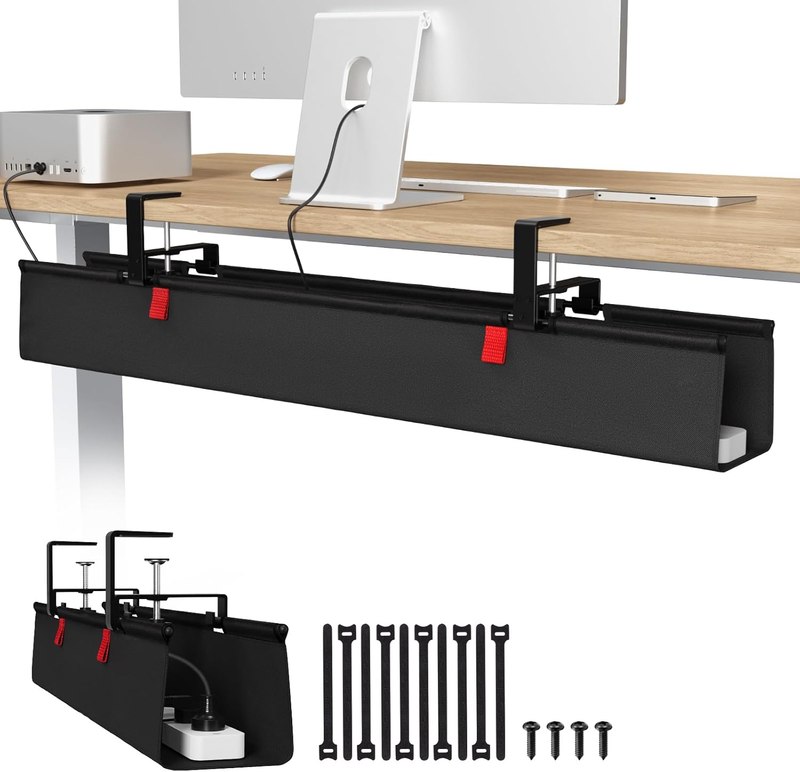 Univivi No Drill Under Desk Cable Management Tray, 36 inch Cable Management | Clamp/Screw Mount Desk Cable Management, Premium Fabric Cable Management Tray, Large Capacity Cord Organizer for Office, Home