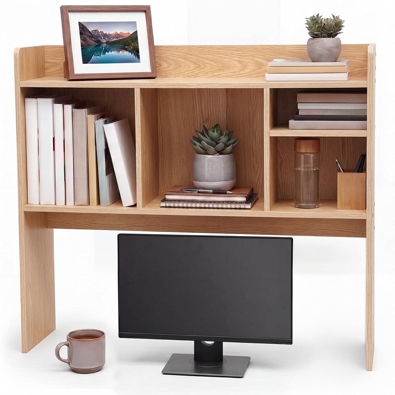 Vercraft Dorm Desk Hutch Wood Desktop Bookshelf 32.4x27.6x8'',Natural | 6 Shelves 3 Tier C