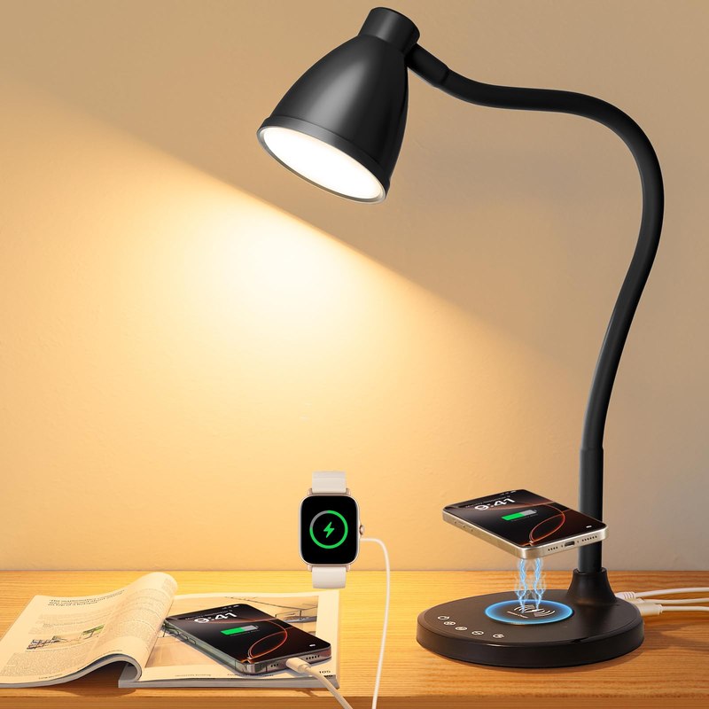 BOHON Desk Lamp for Home Office with USB C+A Charging Ports Timer Black